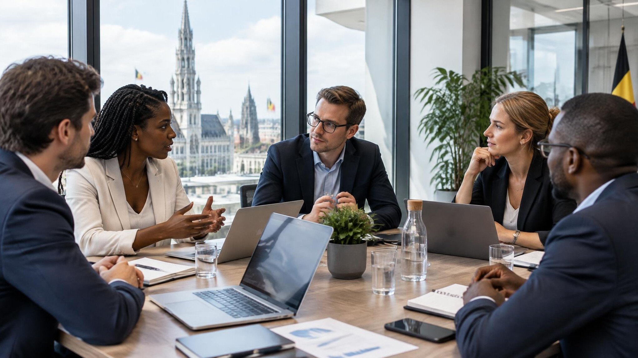 Colleagues discussing around a conference table