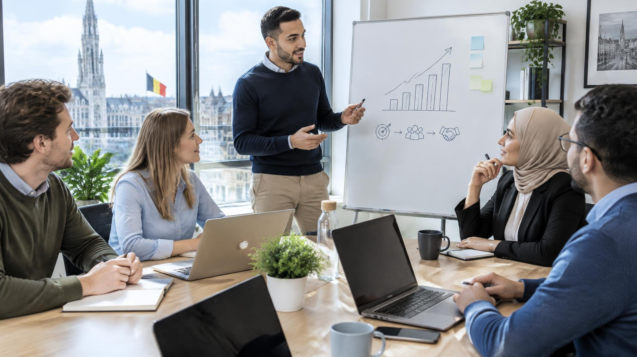 Business team reviewing sales growth plan around a table