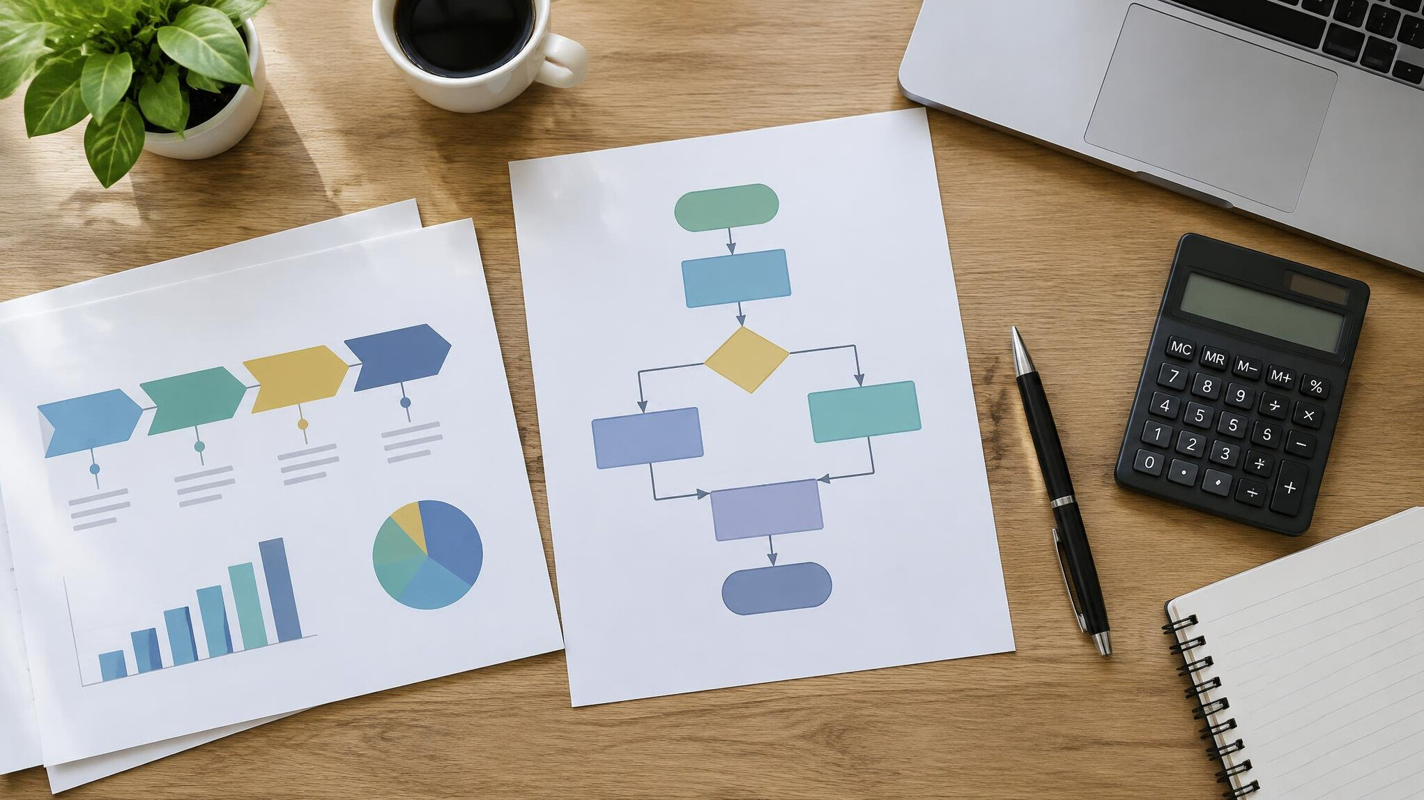 Desk with documents and process diagrams