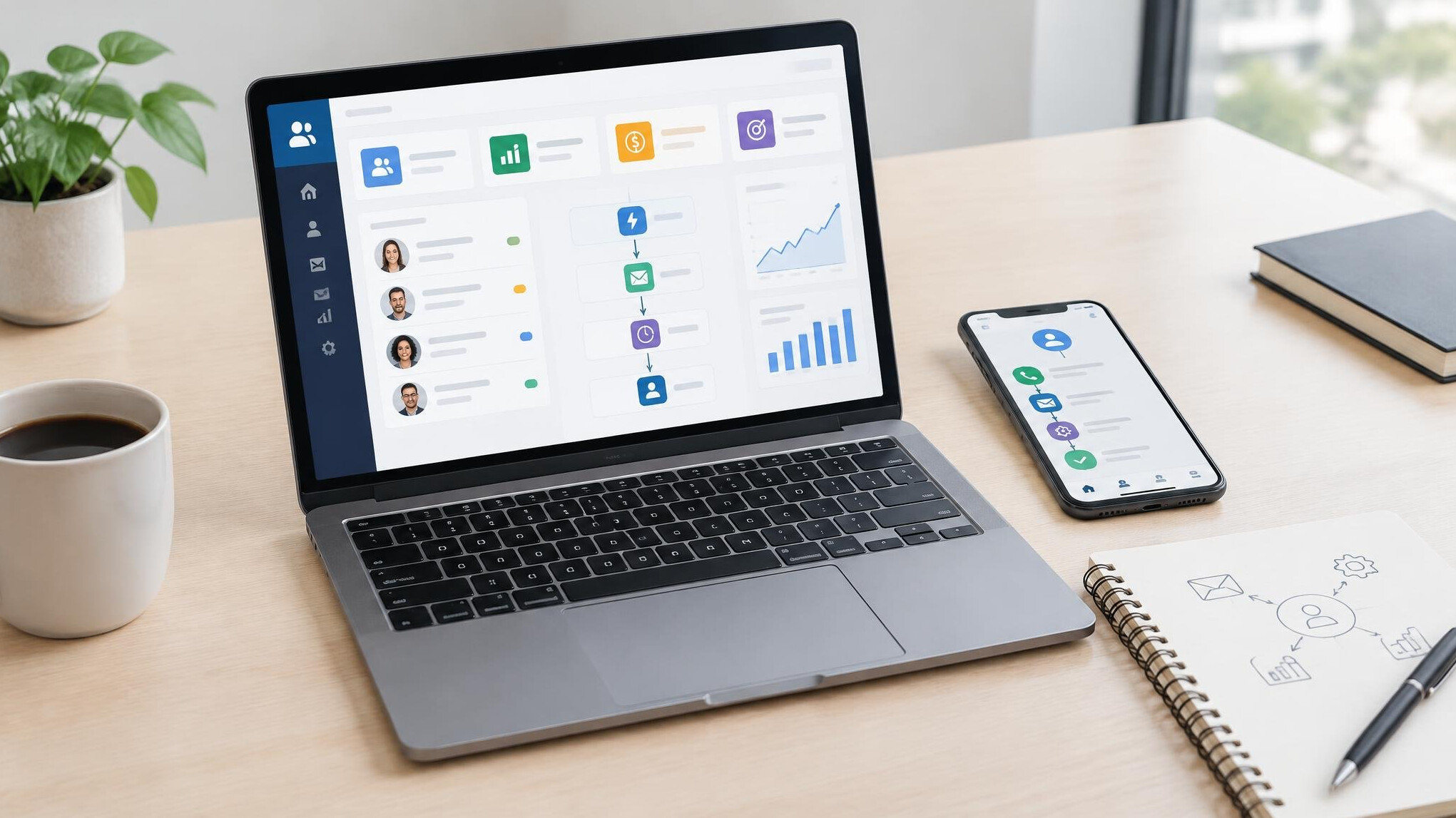 Laptop and phone on a workspace desk
