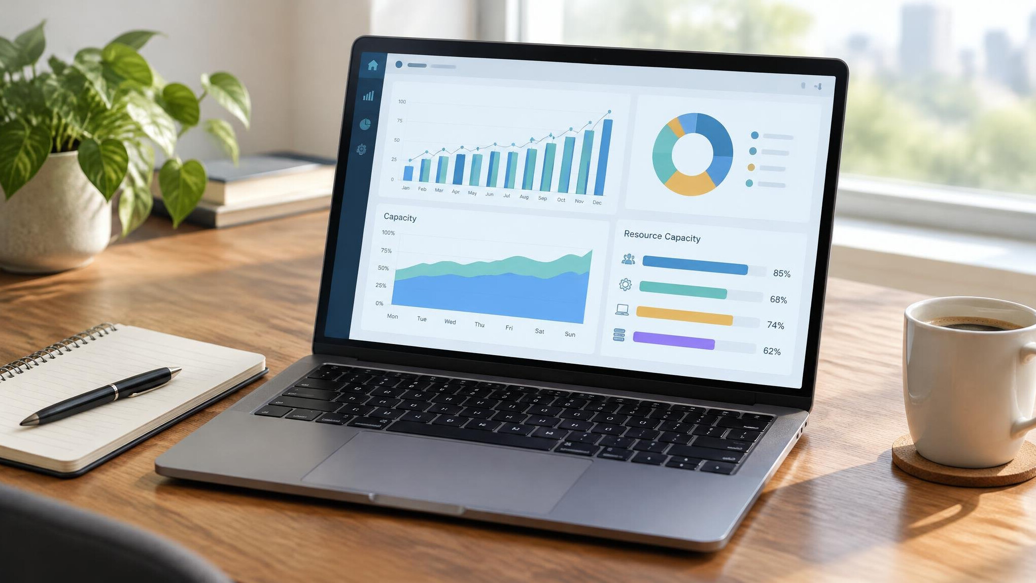 Laptop with analytics charts on a desk